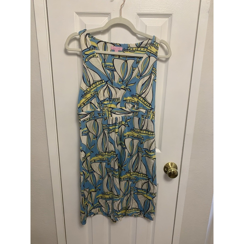 Lilly Pulitzer Sun Dress Sailboat Print Silk Cotton Women's Blue White Medium